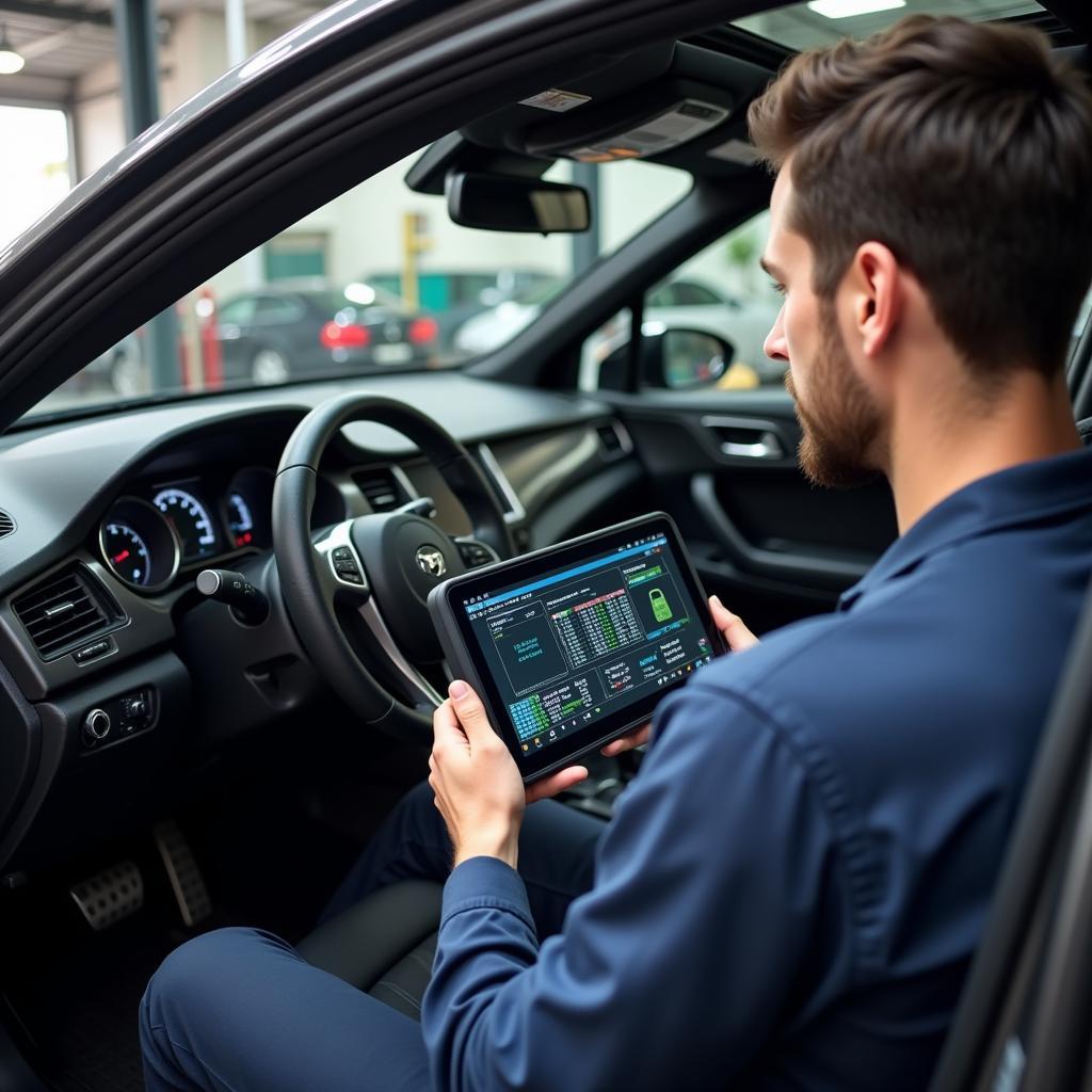 Mechanic Using a Diagnostic Tool on a Car