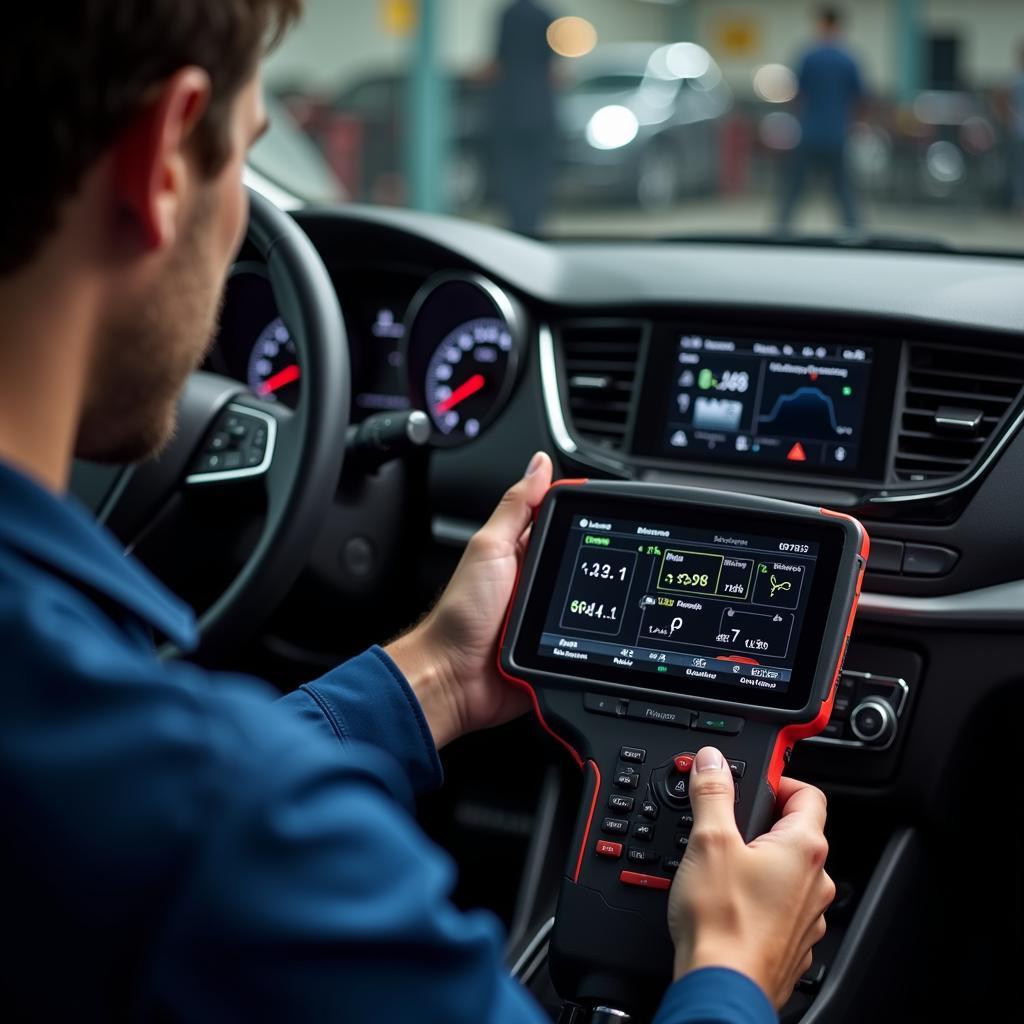 Mechanic Using Diagnostic Tool on Car