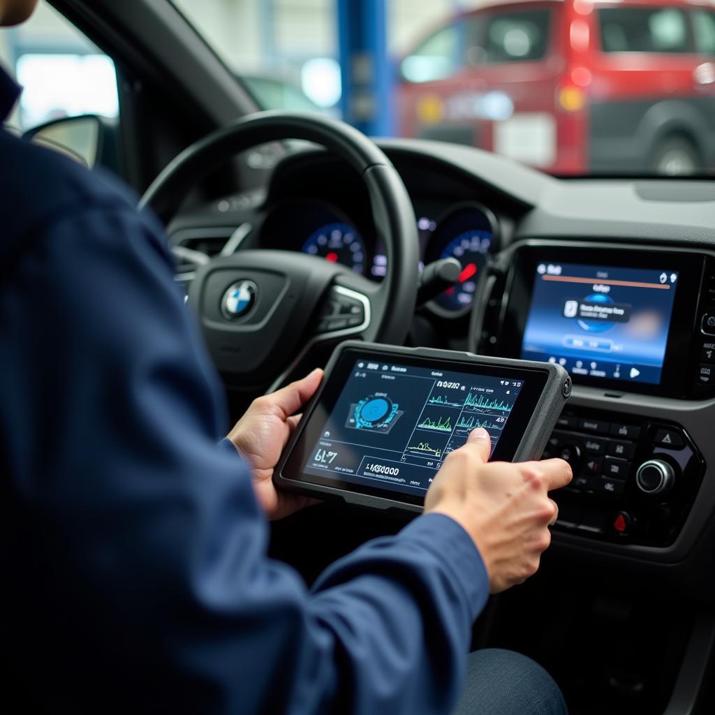 Mechanic Using Diagnostic Tool on Car in Dallas