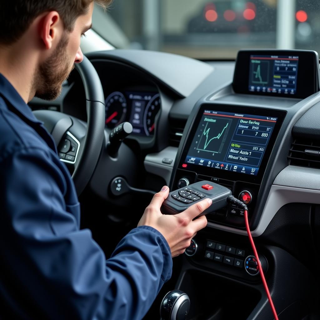 Mechanic Using a Diagnostic Tool on a Modern Car