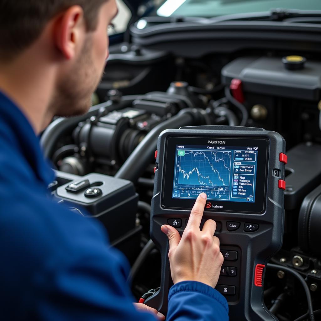 Mechanic Using Diagnostic Tool on Transmission