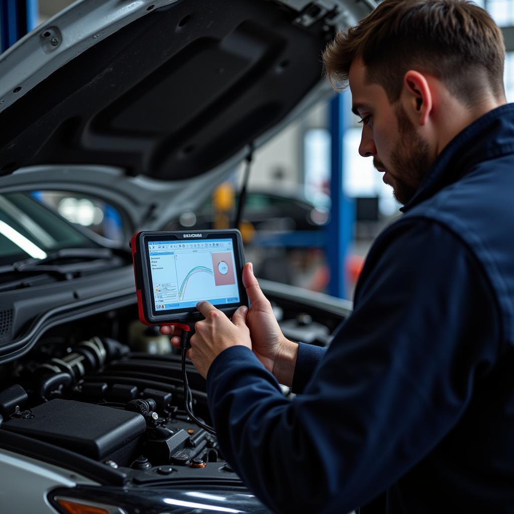 Mechanic Utilizing Diagnostic Tools on a Vehicle