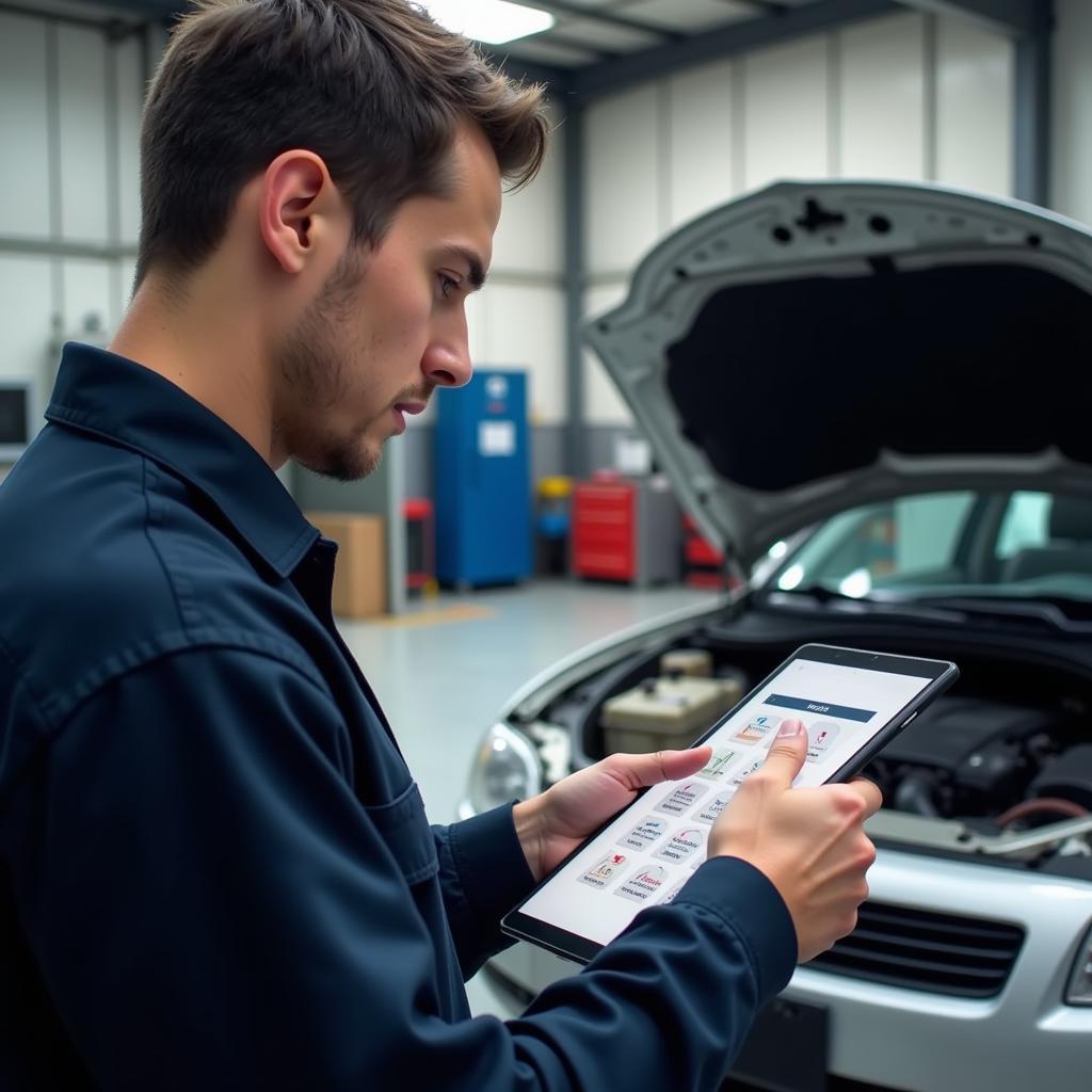 Mechanic Using Digital Tablet for ASE Test Prep