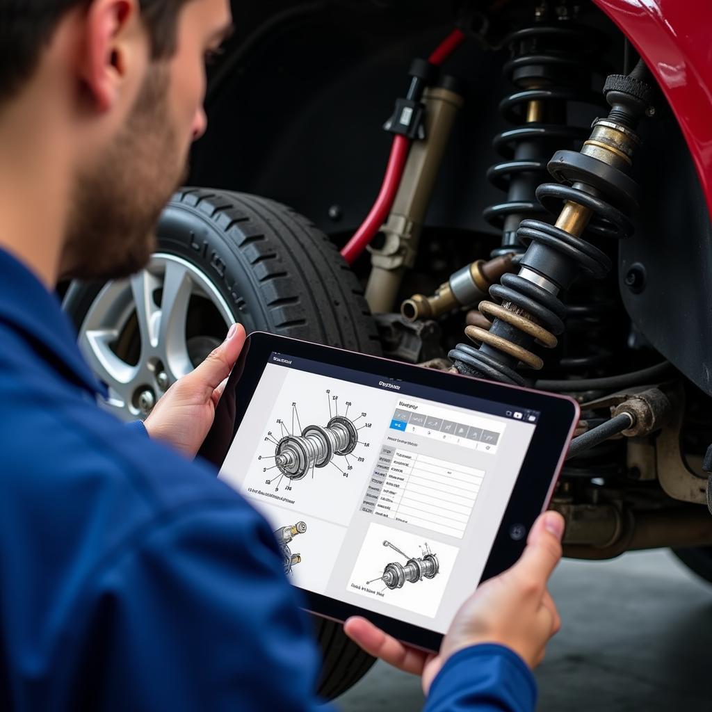 Mechanic Using Digital Tablet for Diagnostics on Suspension System