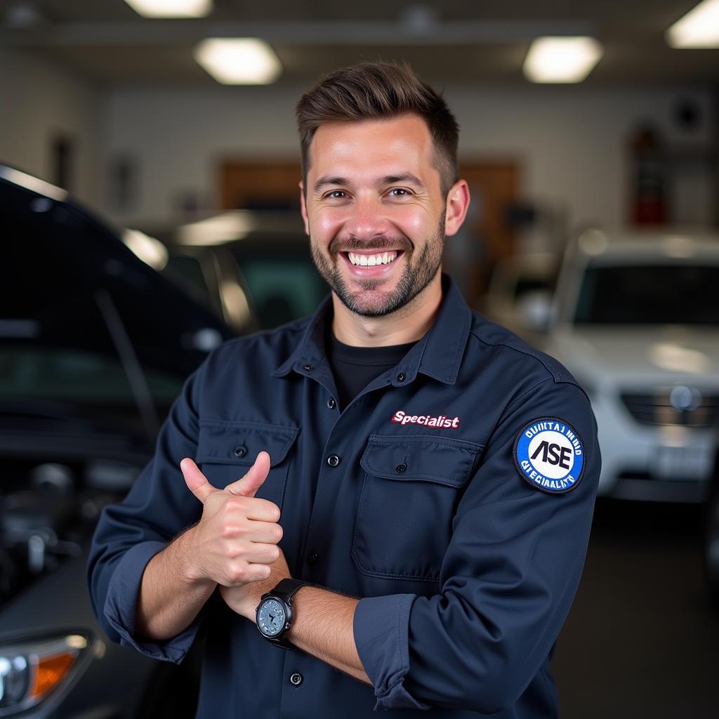 Mechanic proudly displaying ASE specialist patch