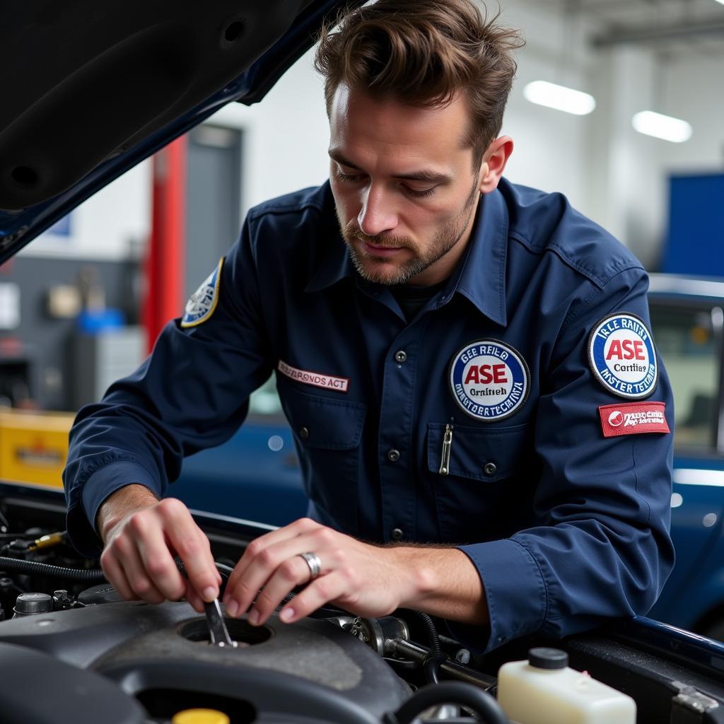 Mechanic with ASE Patches Working on a Car Engine