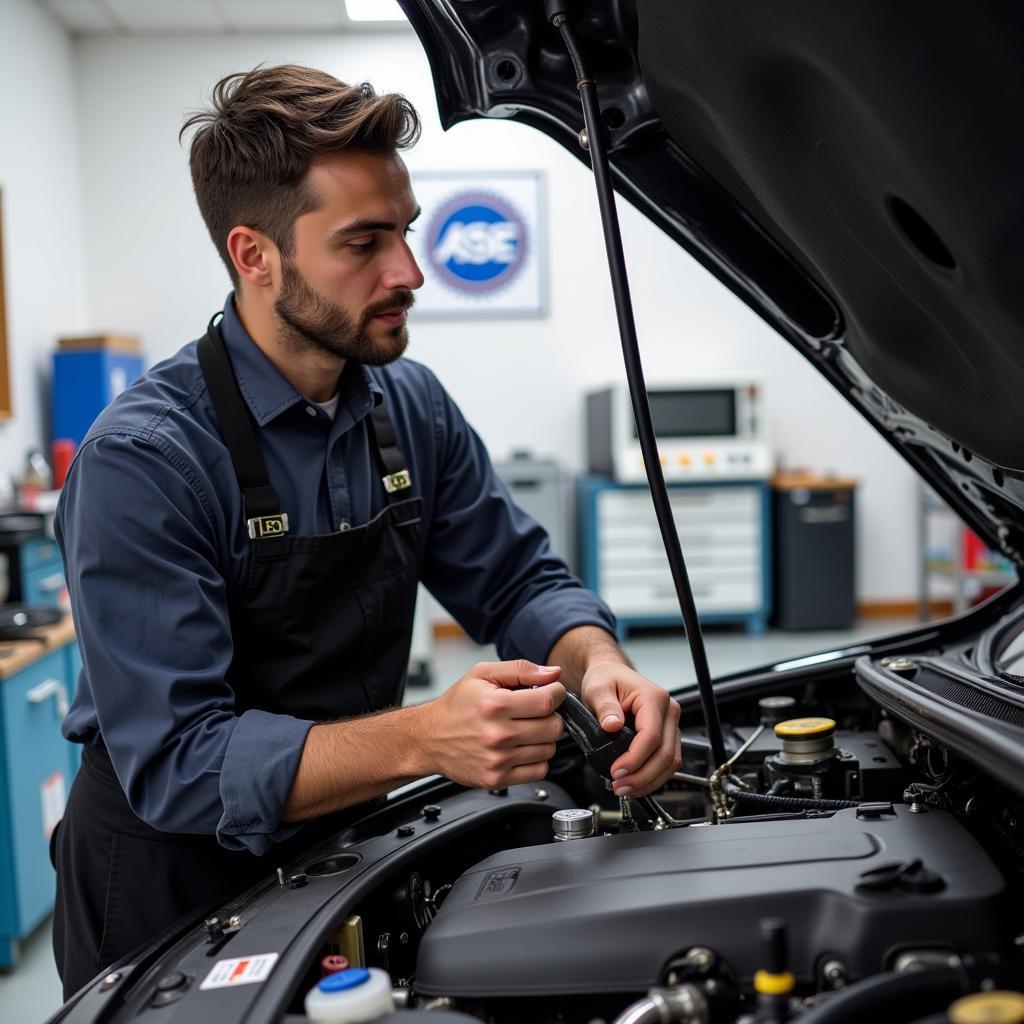 Mechanic Working on a Car Engine After Passing ASE Certification