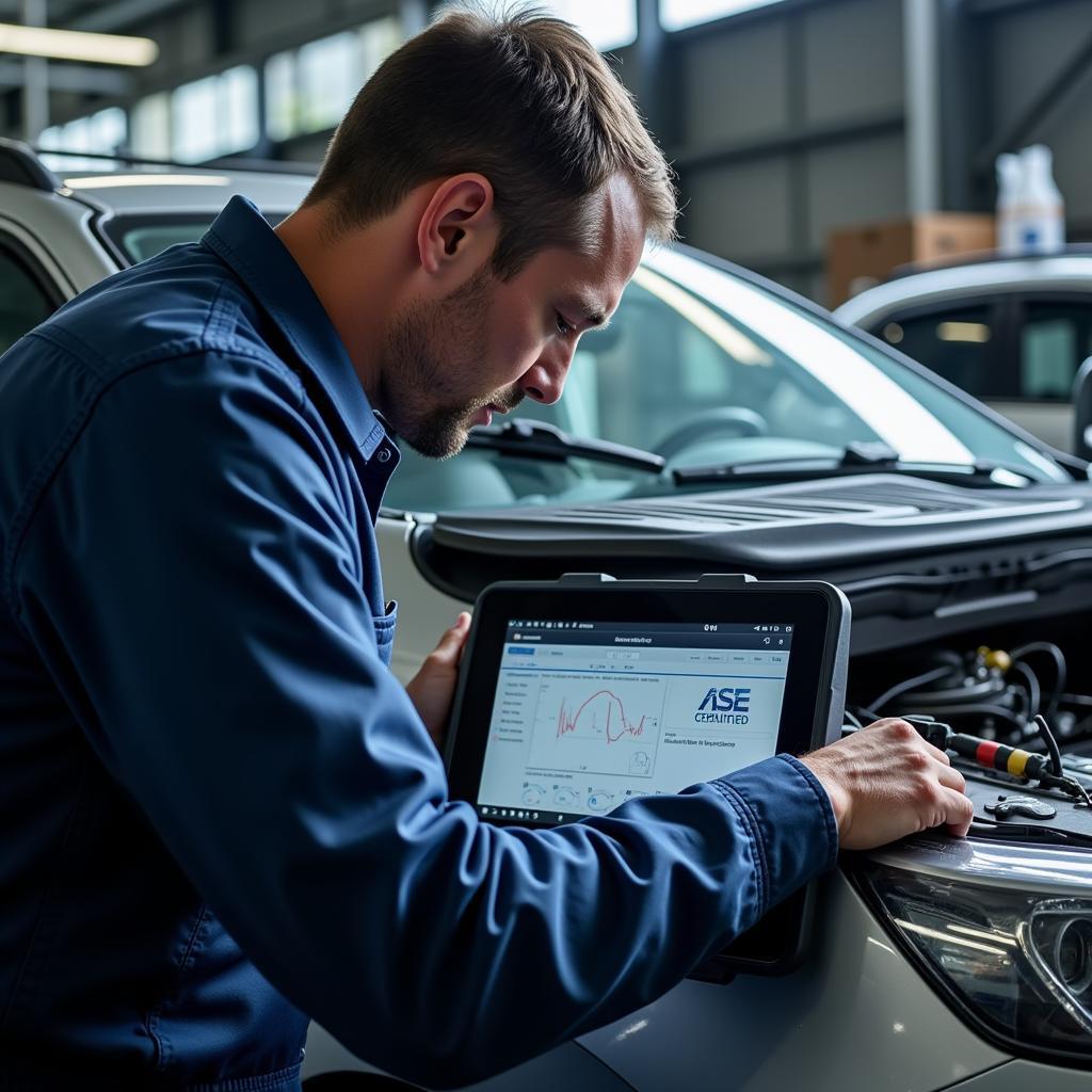 Modern Car Diagnostic Equipment Being Used by an ASE-Certified Mechanic