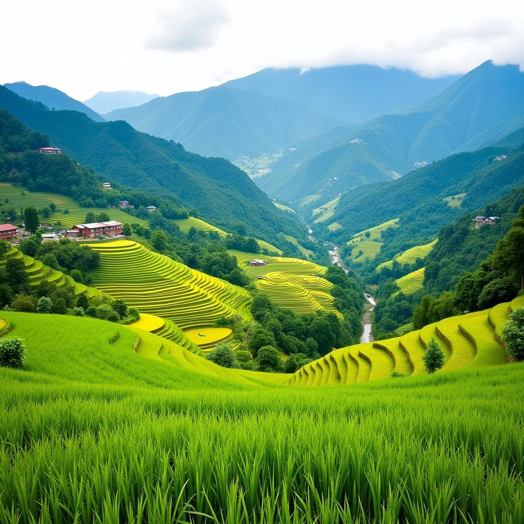 Lush green rice terraces carved into the mountains of the Philippines, demonstrating the country's agricultural heritage and stunning landscapes.