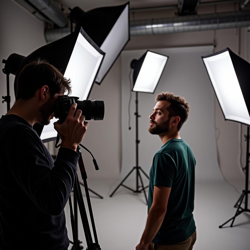 Photographer adjusting lighting equipment for a portrait shoot