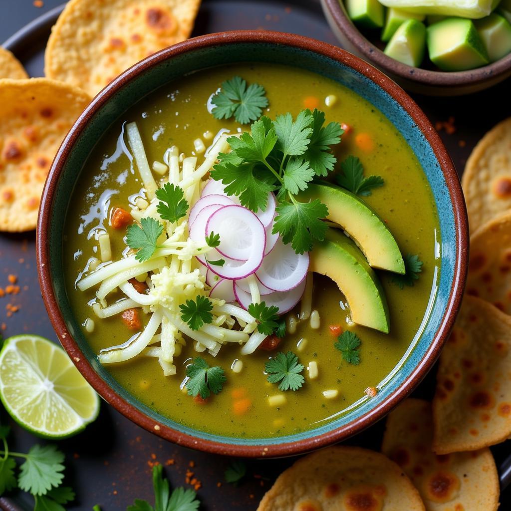 A Bowl of Pozole Verde with Traditional Toppings