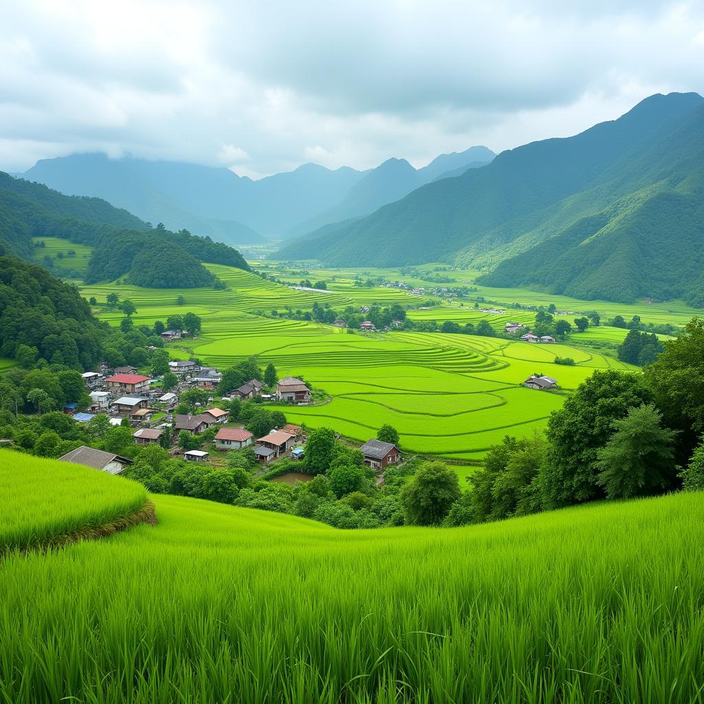 Rice paddies across Southeast Asia: showcasing the shared agricultural heritage and linguistic similarities related to rice farming across the region.