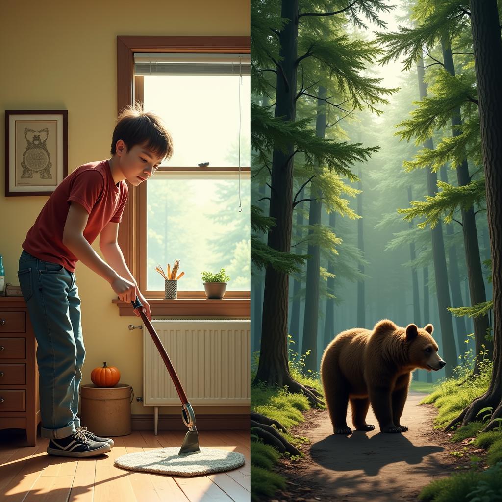 Samuel Cleaning Room, Bear Outside