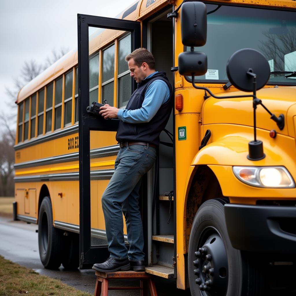 School Bus Driver Performing Pre-Trip Inspection