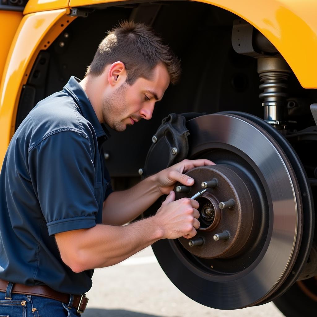 School Bus Technician Inspecting Brakes