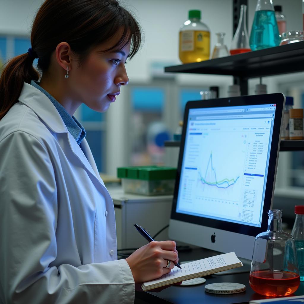 Scientist analyzing enzyme activity in a laboratory setting