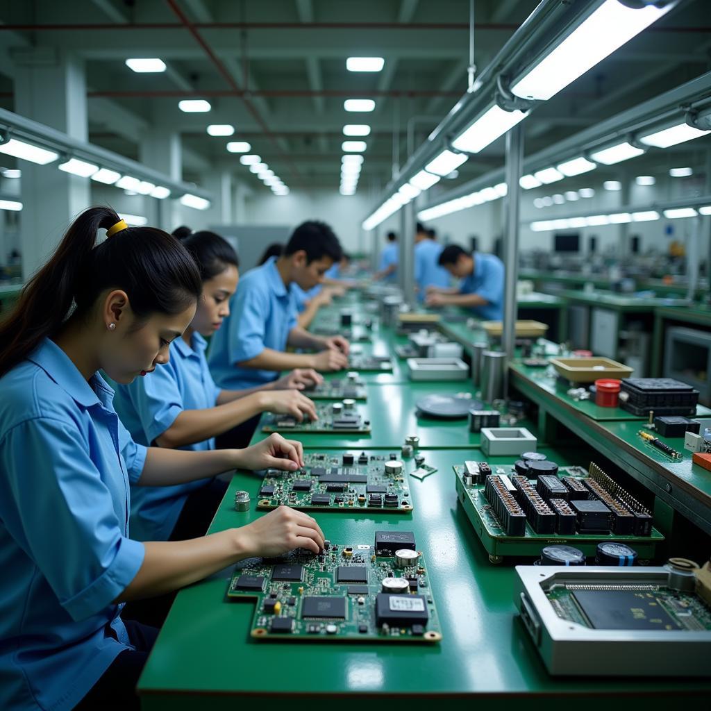 Southeast Asia Electronics Manufacturing: Workers assembling electronic devices in a modern factory setting, emphasizing the region's growing electronics industry.