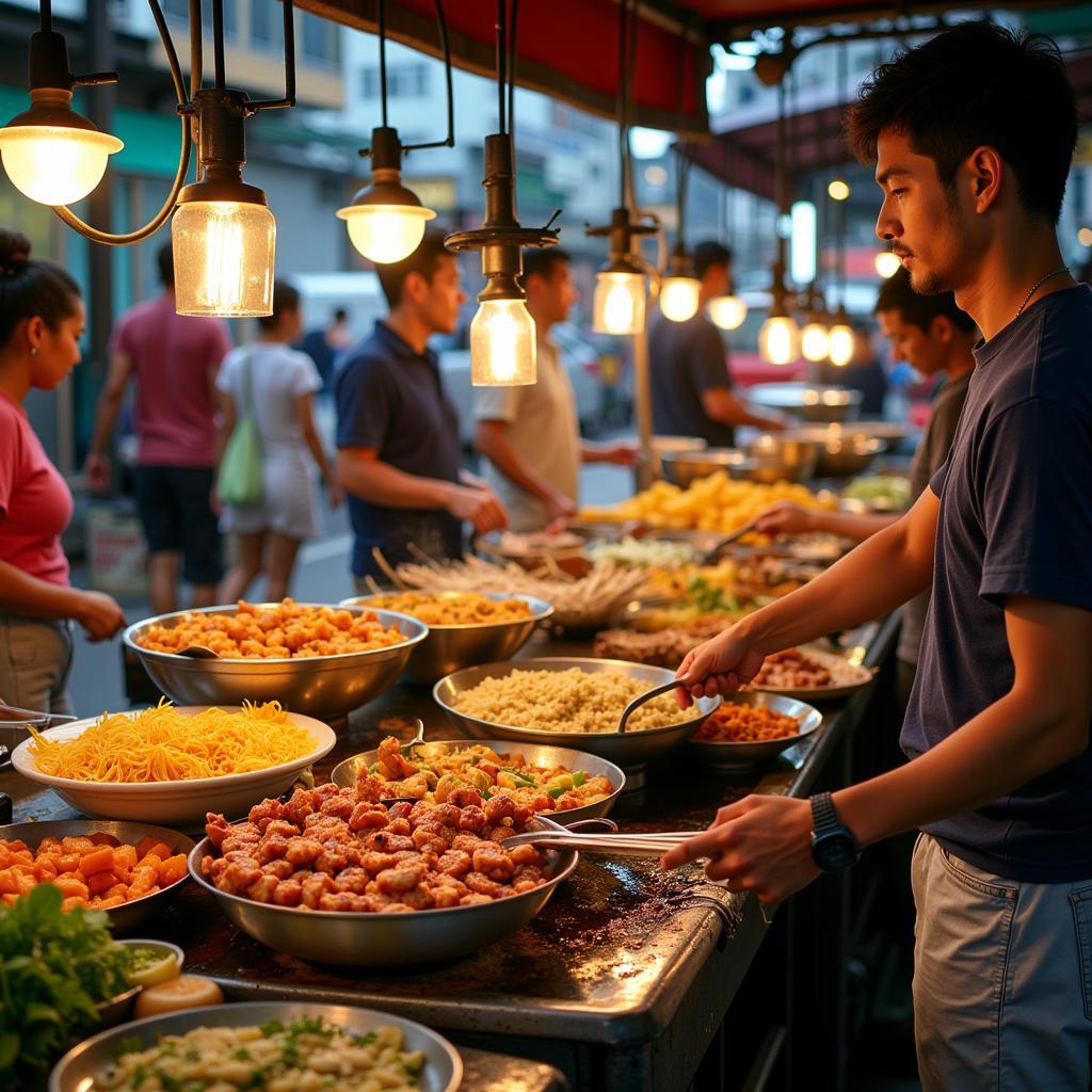 Vibrant street food scene in Southeast Asia with various vendors and colorful dishes.