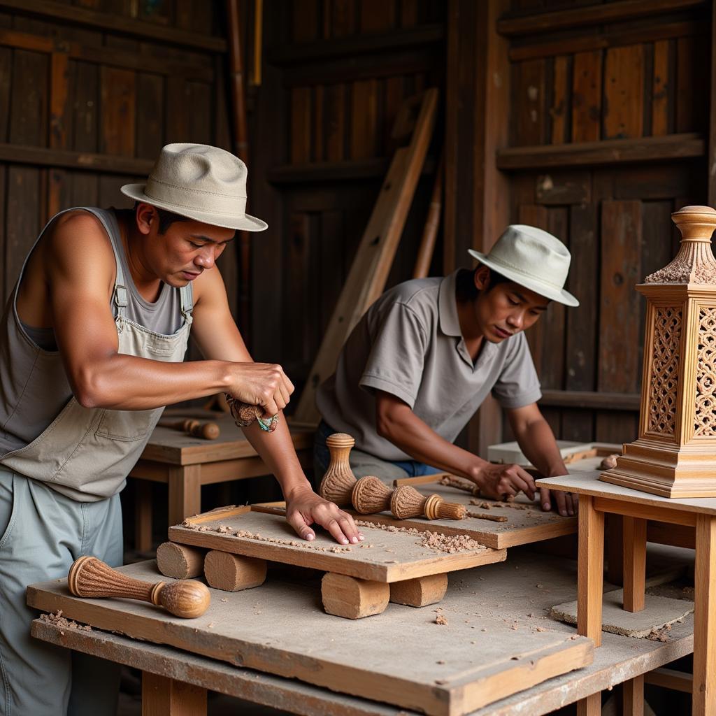 Skilled woodworkers in Southeast Asia creating intricate designs