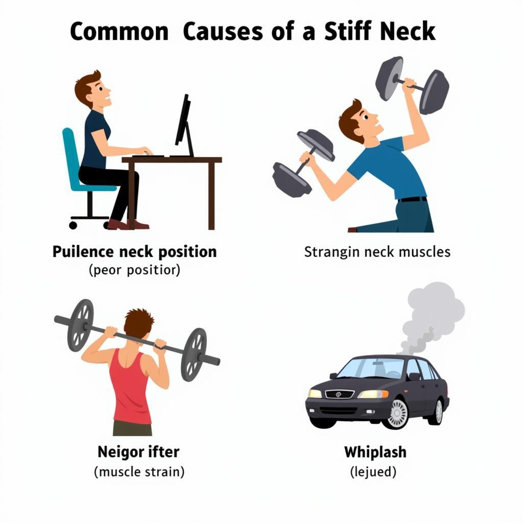 Stiff neck causes: Illustration depicting poor posture, muscle strain, and whiplash injury.