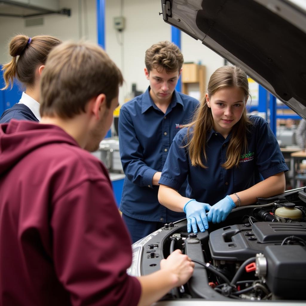 Students Learning Automotive Repair in a Classroom