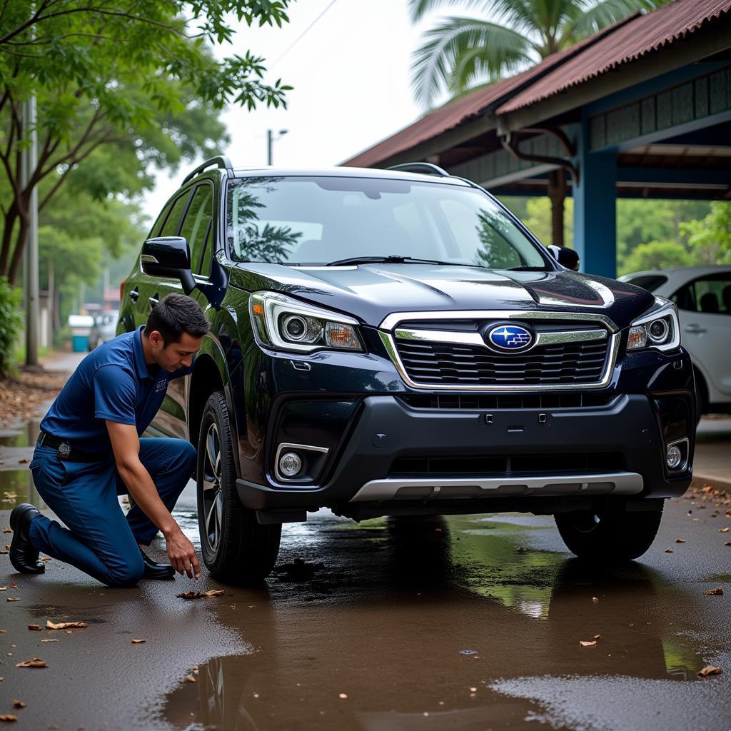 Subaru Vehicle Undergoing Maintenance in Tropical Climate