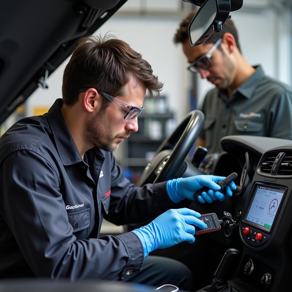 Technician Diagnosing Car AC System