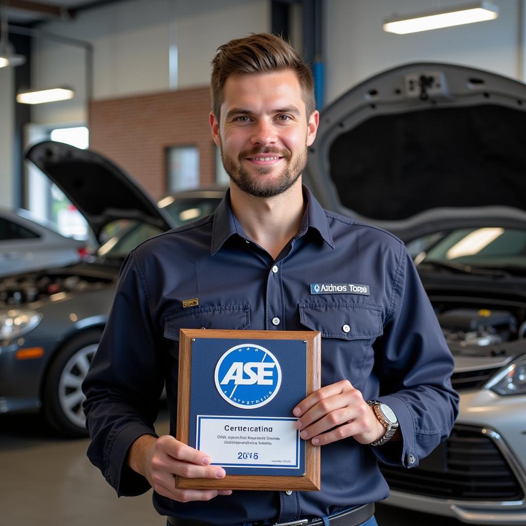 Technician Proudly Displaying ASE Plaque