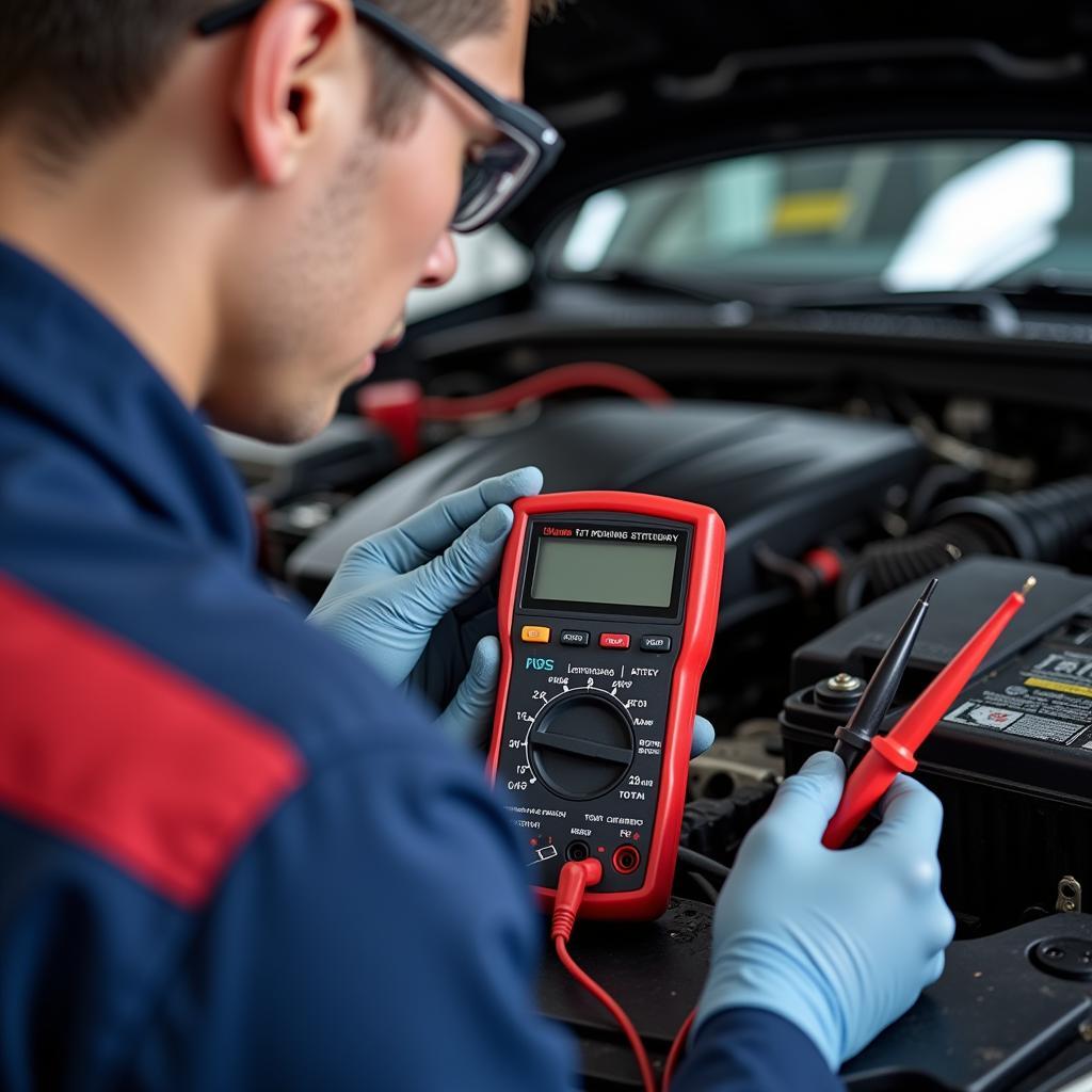 Technician Testing a Car Battery