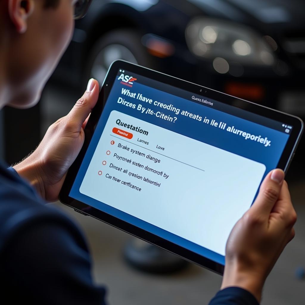 Technician using ASE A5 practice test on a tablet