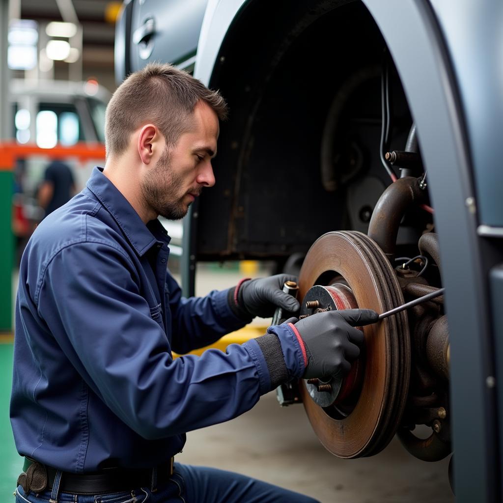 Technician Performing Maintenance on Truck Brakes