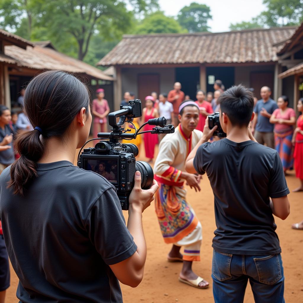 ASEAN Media Professionals Collaborating with Ultra SL7: A team of filmmakers uses the Ultra SL7 to document a traditional dance performance in a vibrant Southeast Asian village.