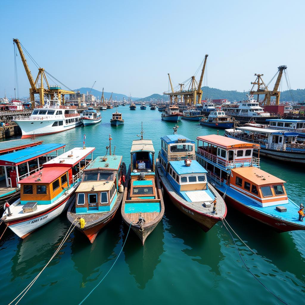 A variety of boats docked at a busy port in Southeast Asia