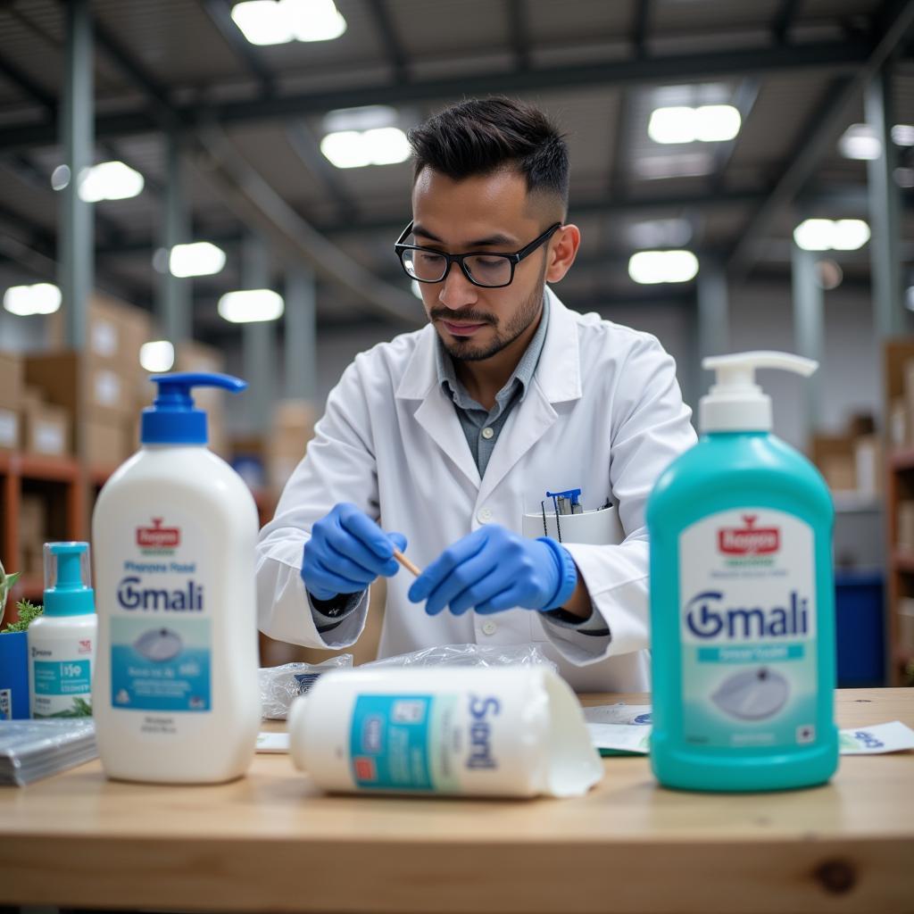 Quality control inspection of wholesale toiletries in Estacion Central warehouse