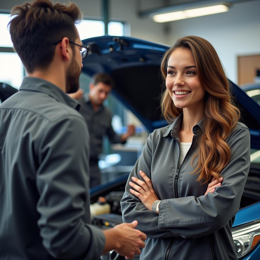 Woman Getting Car Serviced at Auto Repair Shop