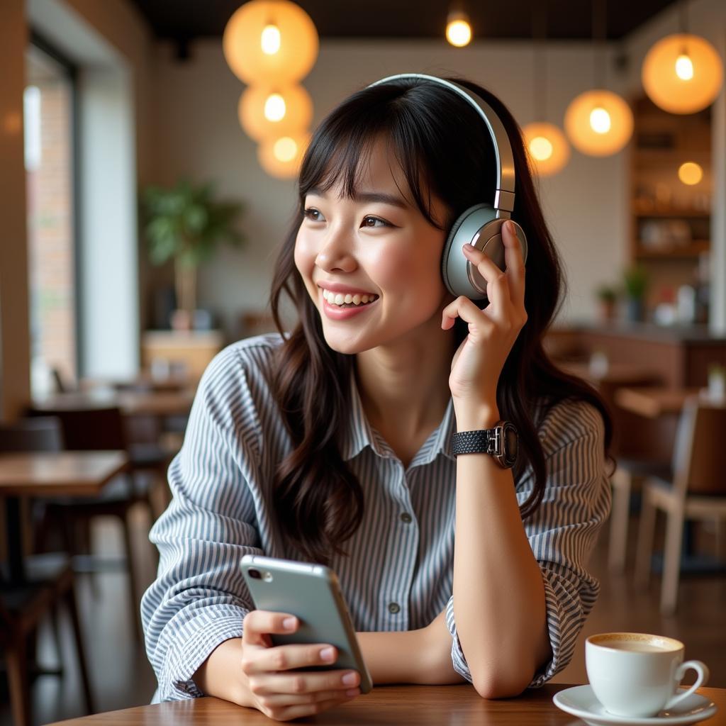 Woman enjoying an ASEAN A3 audiobook on her phone