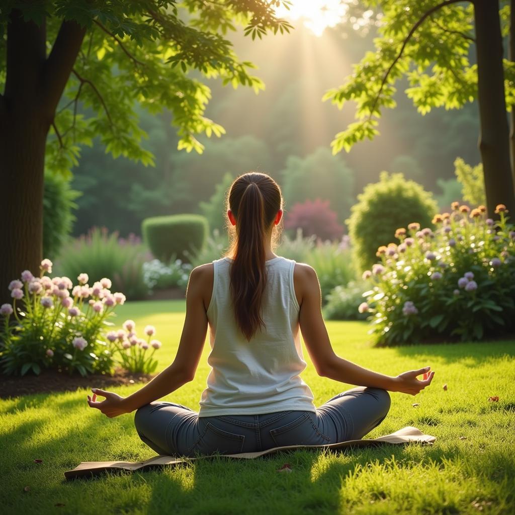 Woman meditating outdoors in a serene garden setting