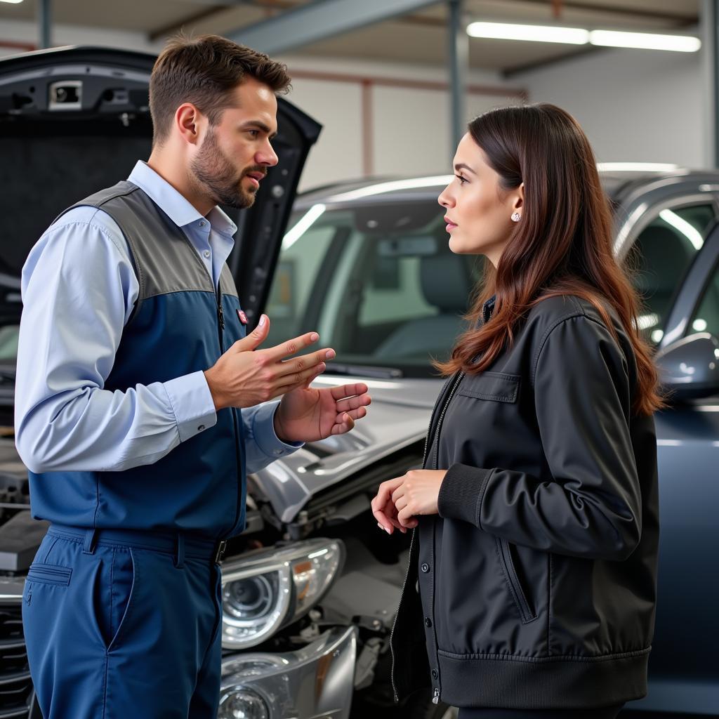 Woman Discussing Car Repair with an ASE Certified Mechanic