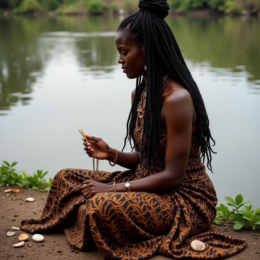 Yoruba Priestess Performing Divination by the Water