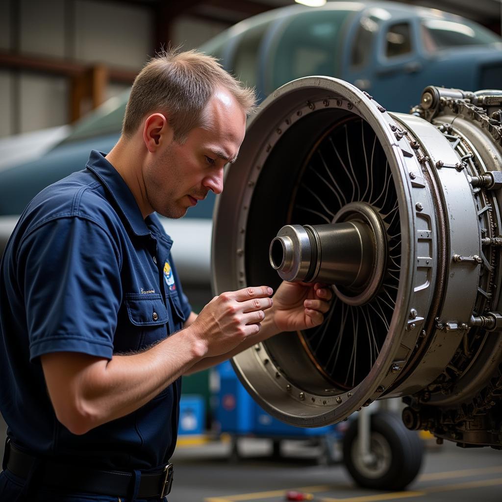 Air Force Mechanic with ASE Certification Working on Aircraft Engine