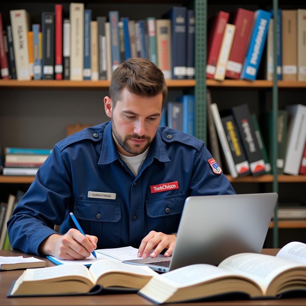 Air Force Mechanic Studying for ASE Exam