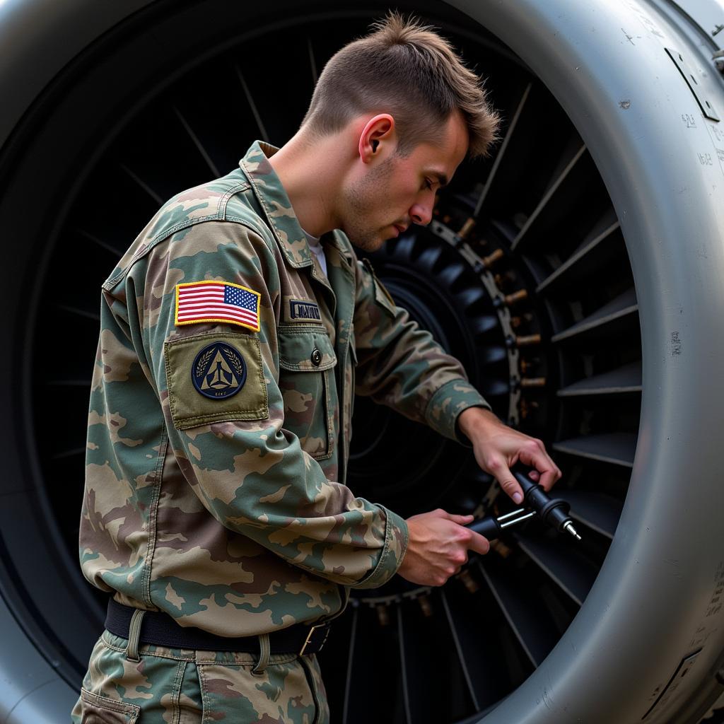 Air Force Mechanic Working on Aircraft