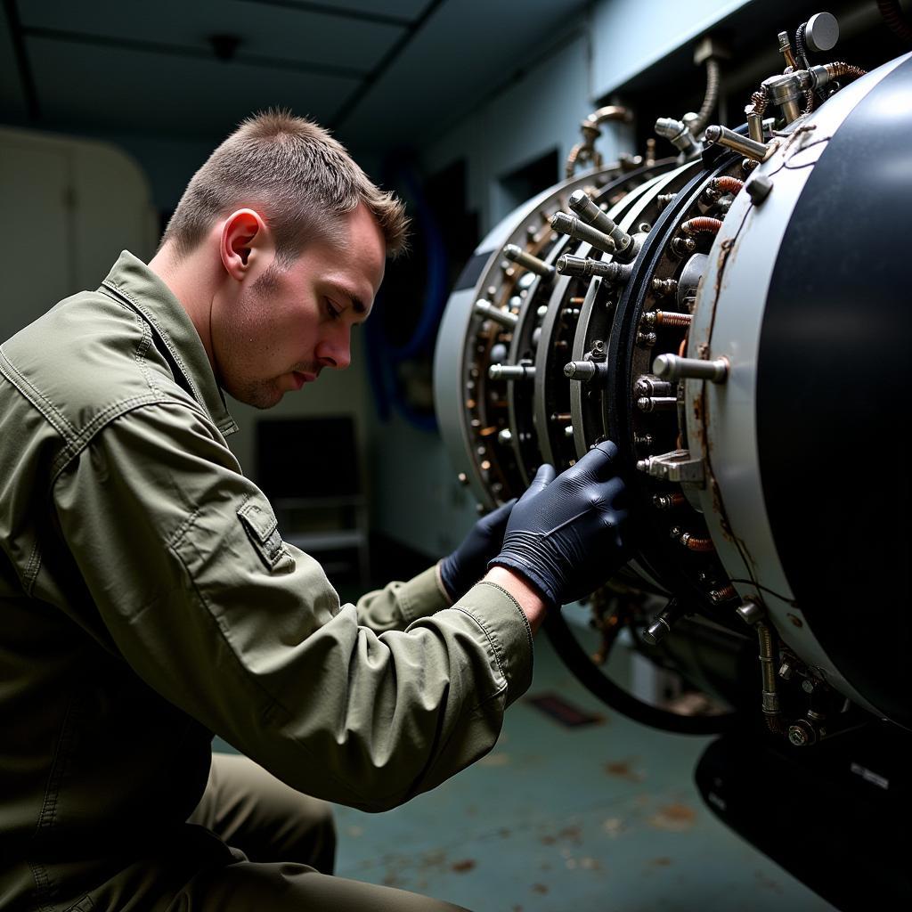 Air Force Mechanic Working on Aircraft Engine