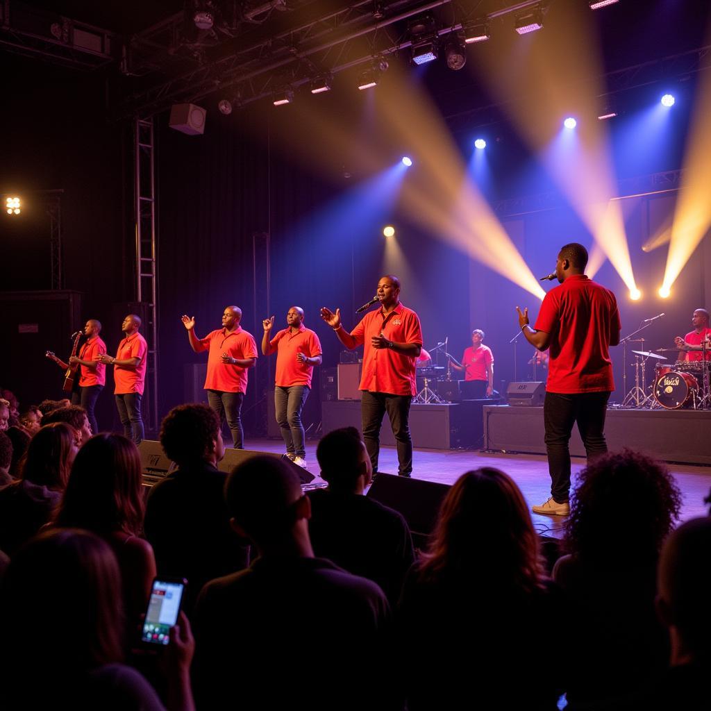 Amadodana ase Wesile performing on stage with vibrant lighting and enthusiastic crowd.