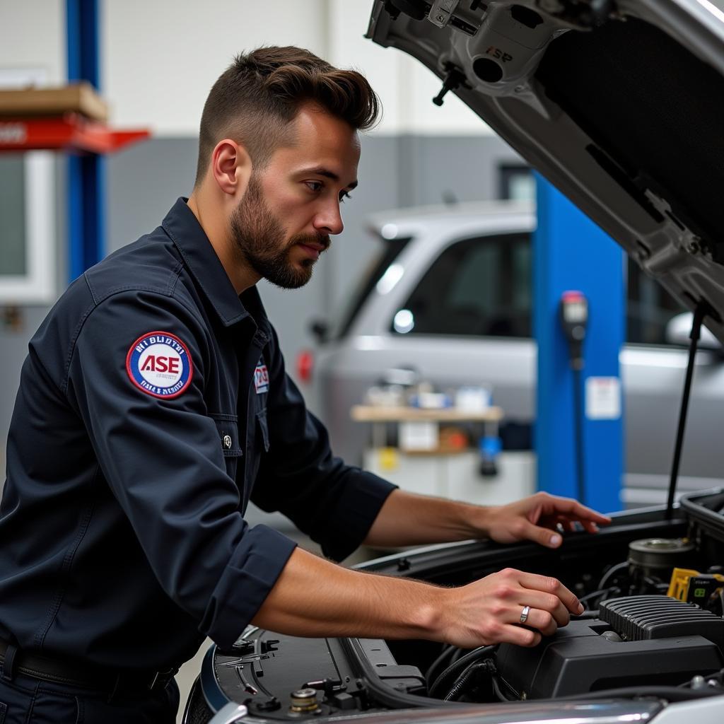 A certified ASE A1 technician working on a car engine