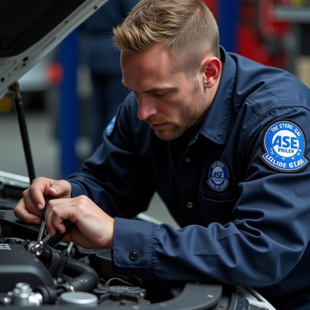 ASE Blue Seal Certified Technician Working on a Car Engine