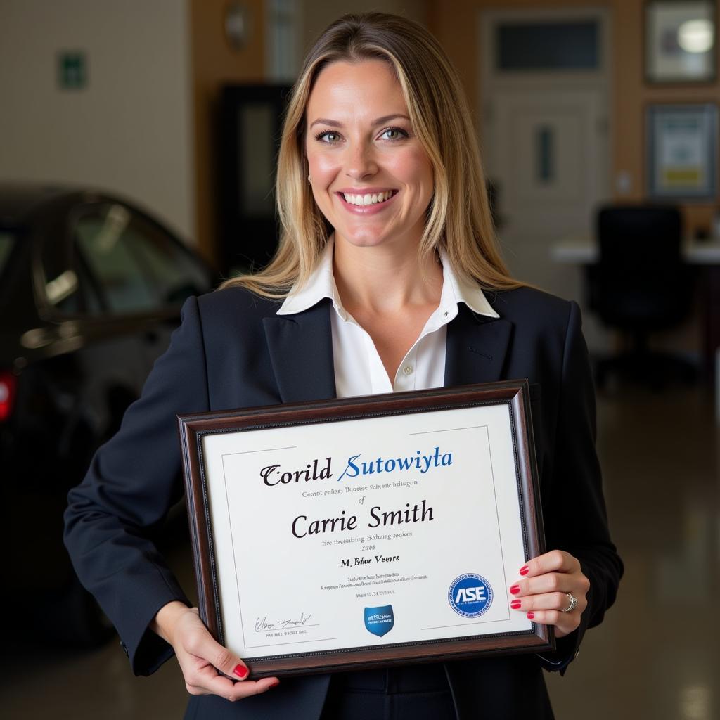 A portrait of a woman named Carrie Smith, holding an ASE certification.