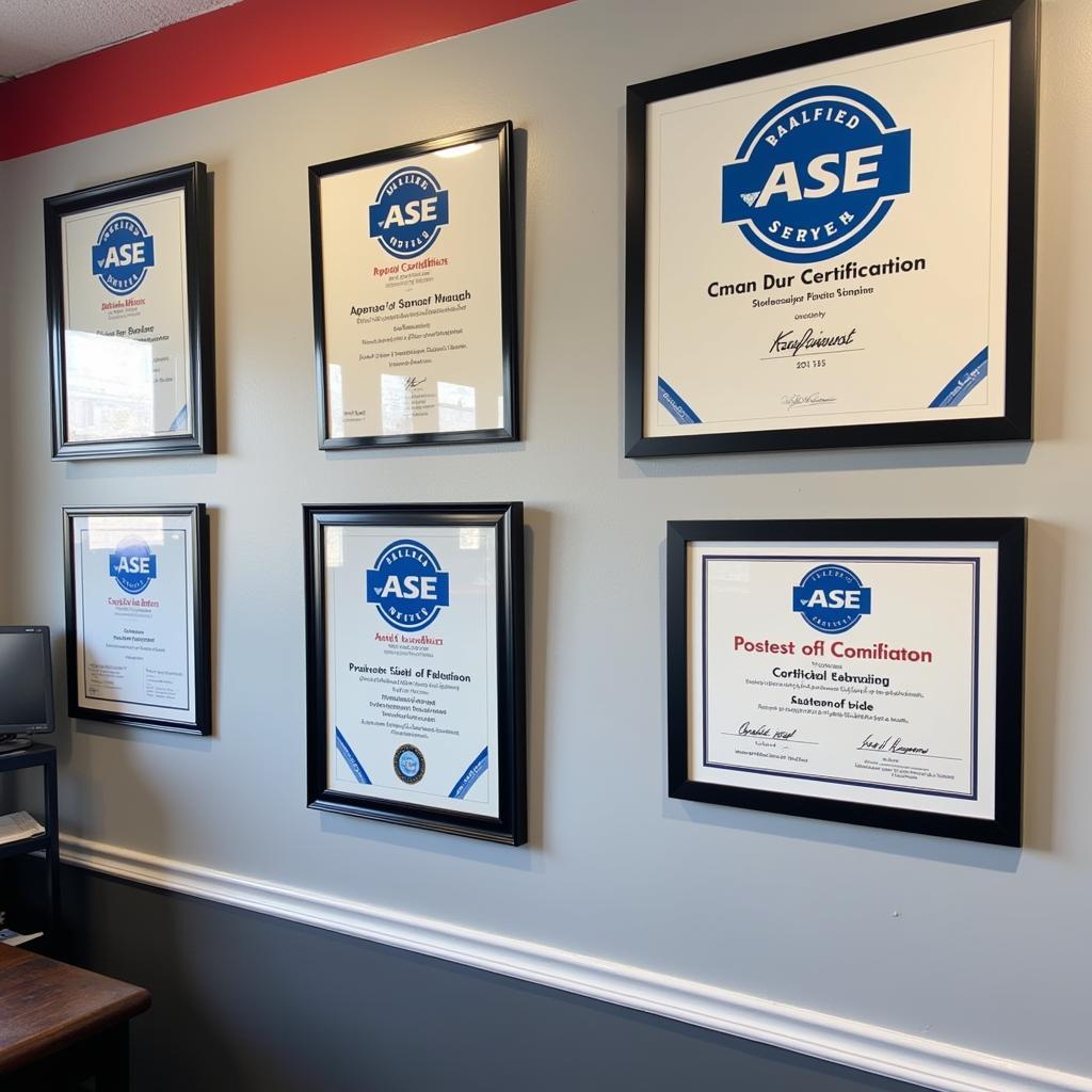 ASE Certification Display in a Repair Shop