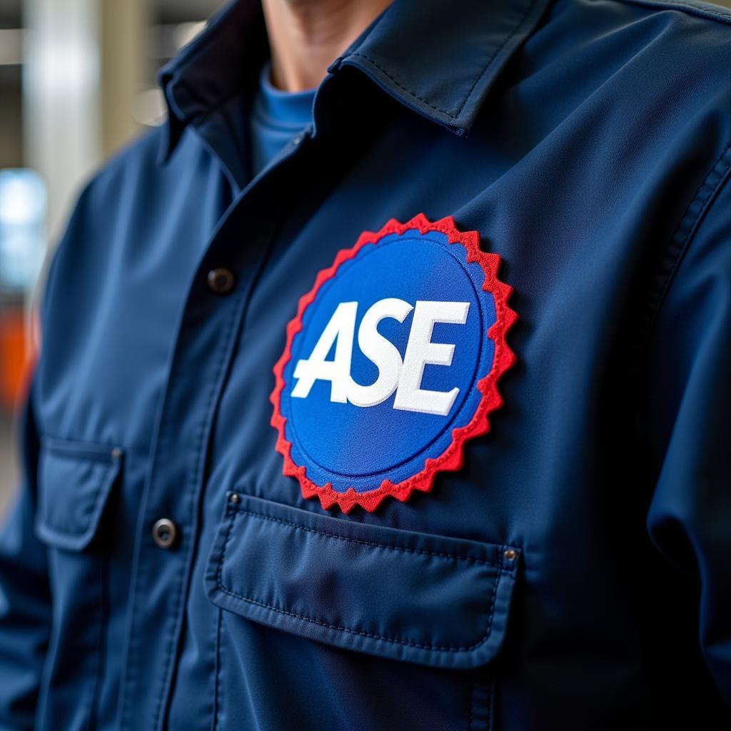 ASE Certification Logo on Mechanic's Uniform