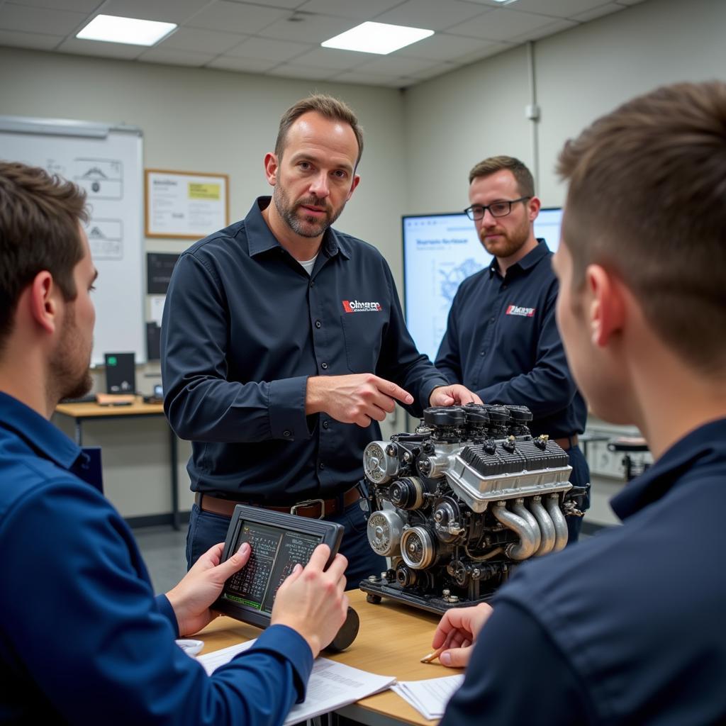 Instructor explaining engine components during an ASE certification training program in Missouri